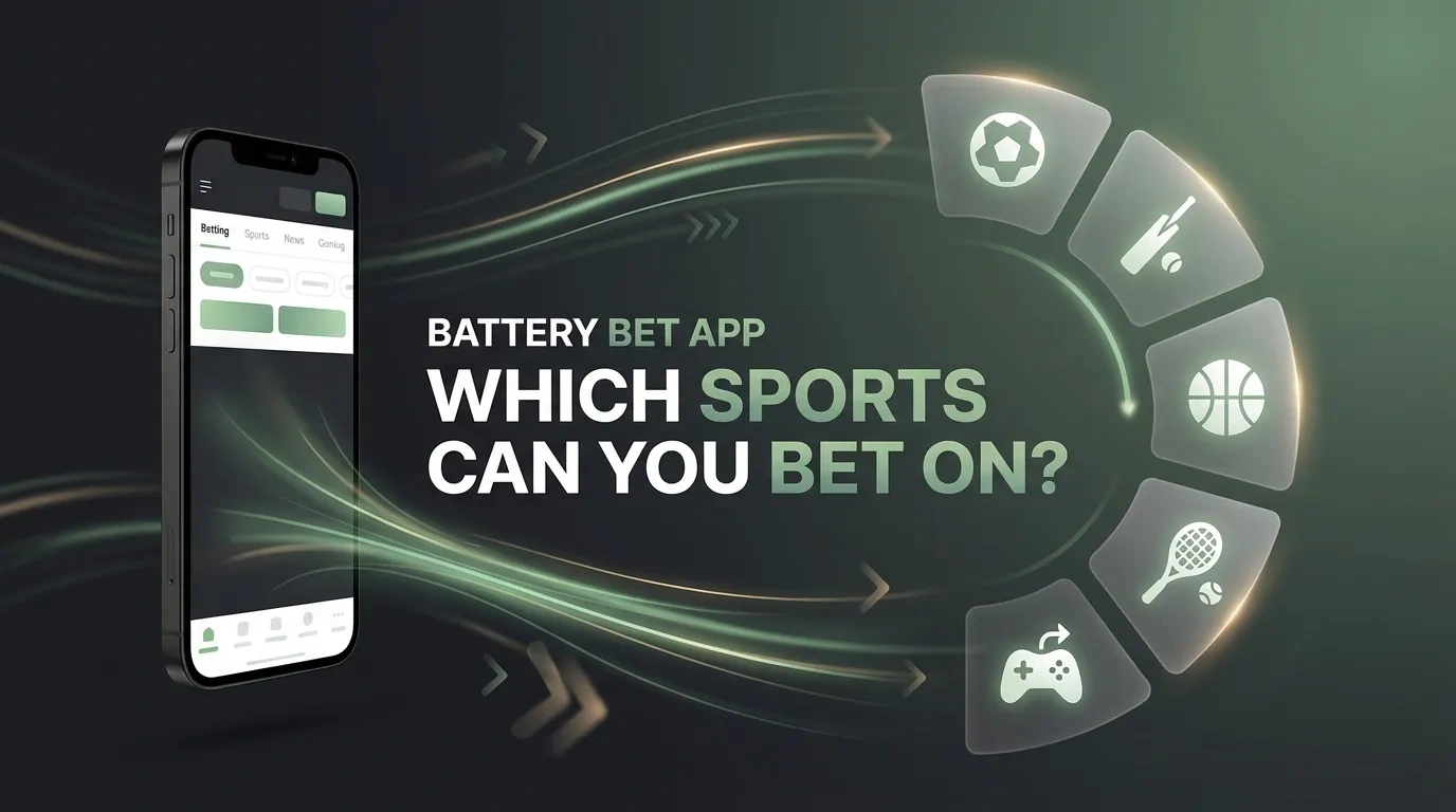 Wide website banner, 1920x500, modern UX exploration-flow theme, dark background (deep charcoal to muted green gradient), premium clean style, soft cinematic lighting, depth of field. Background with subtle directional lines, curved paths, and abstract navigation flow elements, suggesting user choice and movement. Main composition focused on sports selection: Left side: a modern smartphone displaying a clean betting app interface (generic UI), slightly angled. From the device, multiple paths or glowing lines extend outward toward different sports categories. Right side: several clean floating panels or icons representing sports: - football (soccer ball), - cricket bat and ball, - basketball, - tennis, - esports (controller icon). Arrange these elements in a semi-circle or layered layout, connected by soft glowing lines. Each sport icon should be minimal, modern, and softly highlighted. Add subtle motion cues: flowing light paths from the phone to each sport, indicating selection and navigation. Soft reflections and highlights, no neon or harsh glow. Color palette: dark base, muted tones, soft green highlights, subtle gold accents. Center-left text layout: "BATTERY BET APP" Below larger: "WHICH SPORTS CAN YOU BET ON?" Typography: modern, bold, clean, white or soft green gradient, highly readable. Clean composition with clear visual hierarchy, strong UX/navigation feel, ultra sharp, high detail, modern app-focused design.